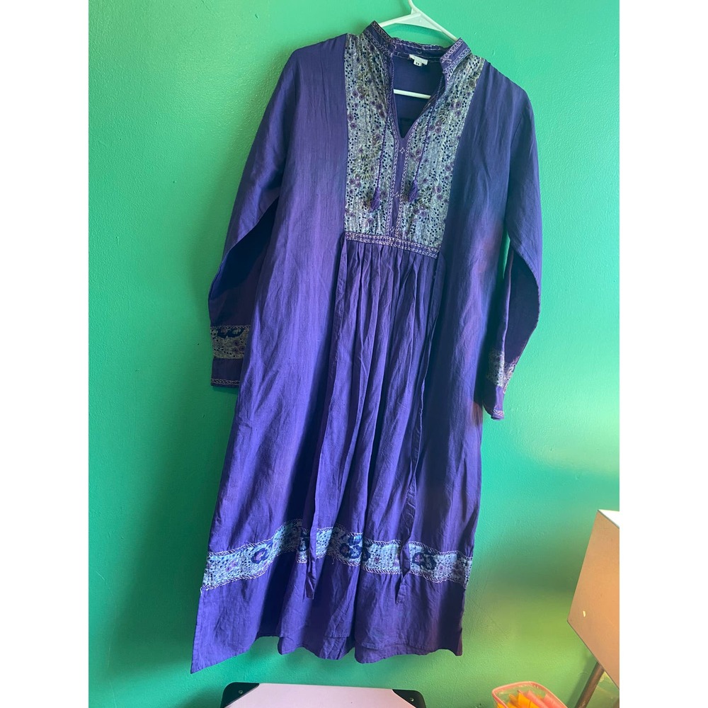 Purple cotton long sleeved summer shift with tie-waist, tie collar